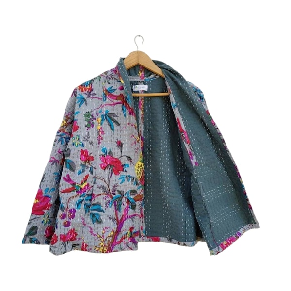 Indian Kantha Quilted Kimono Women Wear Vintage Coat Festival Fashion Hand Made Grey Bird Quilting Jackets