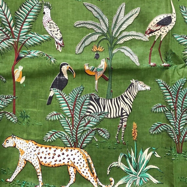 Indischer Baumwollstoff mit Dschungeldruck, Bulk Stock, grünes Damenkleid, Polsterstoff