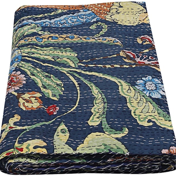 100%cotton kantha quilt king size bedspread handmade blanket navy blue bedcover peacock feather style design