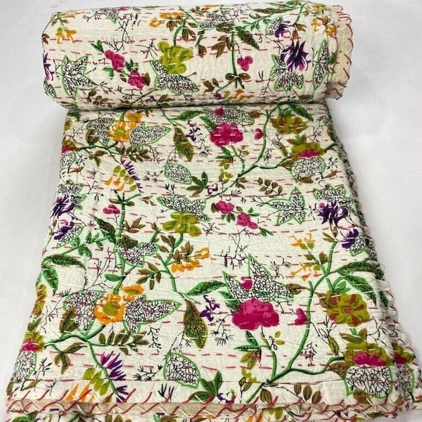 Cotton Kantha Quilt Queen Size Bed Cover Bohemian Blanket Floral Bed sheet 4