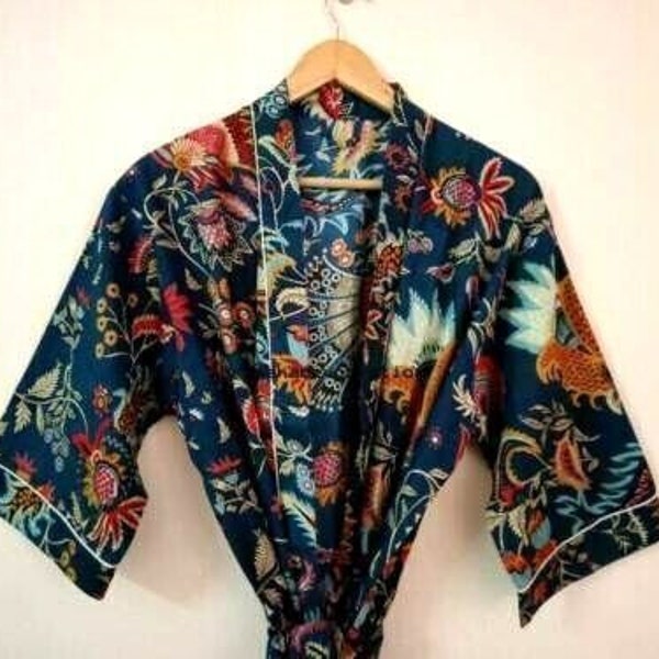 Indian Beautiful Handmade Mukut Print Kimono 100% Cotton Bath Robe,Kimono, Women Night Wear Bath Wear Beachwear