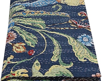 100%Cotton Kantha Quilt King Size Bedspread Handmade Blanket Navy Blue Bedcover Peacock Feathers Design HandBlock