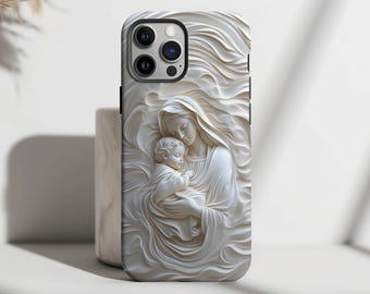 May include: A smartphone case featuring a raised, white, relief-style design of a figure holding a child. The surface has flowing, wave-like textures surrounding the central figures, with a cutout for the camera lens array on the upper left side.