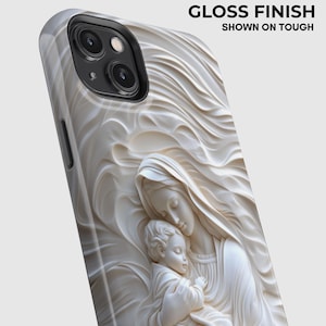 May include: A phone case with a glossy finish featuring a raised, cream-colored relief sculpture of a mother holding a child. The design includes swirling, wave-like patterns surrounding the figures. Text on the image reads GLOSS FINISH SHOWN ON TOUGH.