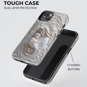 A tough phone case with a detailed relief of a mother and child in cream color. The phone case has covered buttons.
