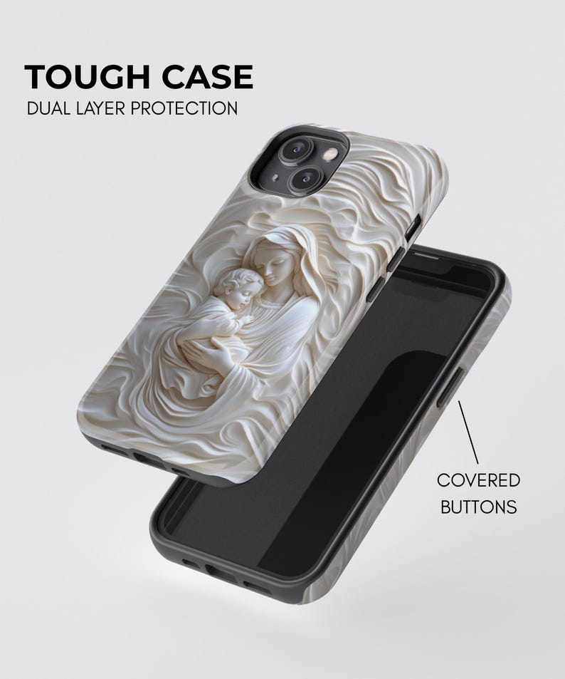 A tough phone case with a detailed relief of a mother and child in cream color. The phone case has covered buttons.