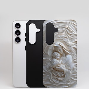 Samsung tough phone case featuring a relief sculpture of a mother and child. The case has a curved design and a detailed, flowing pattern.