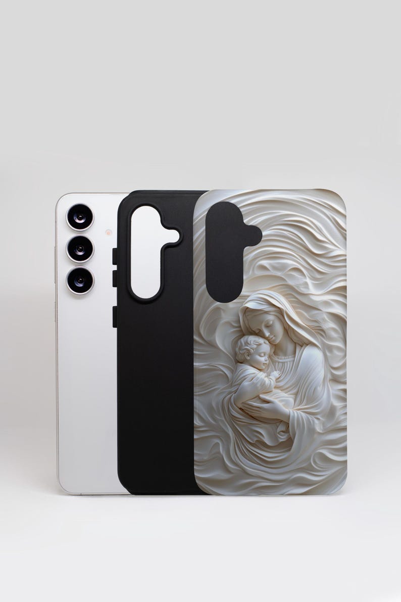 Samsung tough phone case featuring a relief sculpture of a mother and child. The case has a curved design and a detailed, flowing pattern.
