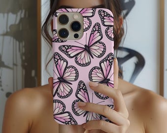 Etui na telefon z jasnoróżowymi motylami | Pastelowy wzór motyli na iPhone'a (kompatybilne z MagSafe) i Samsunga