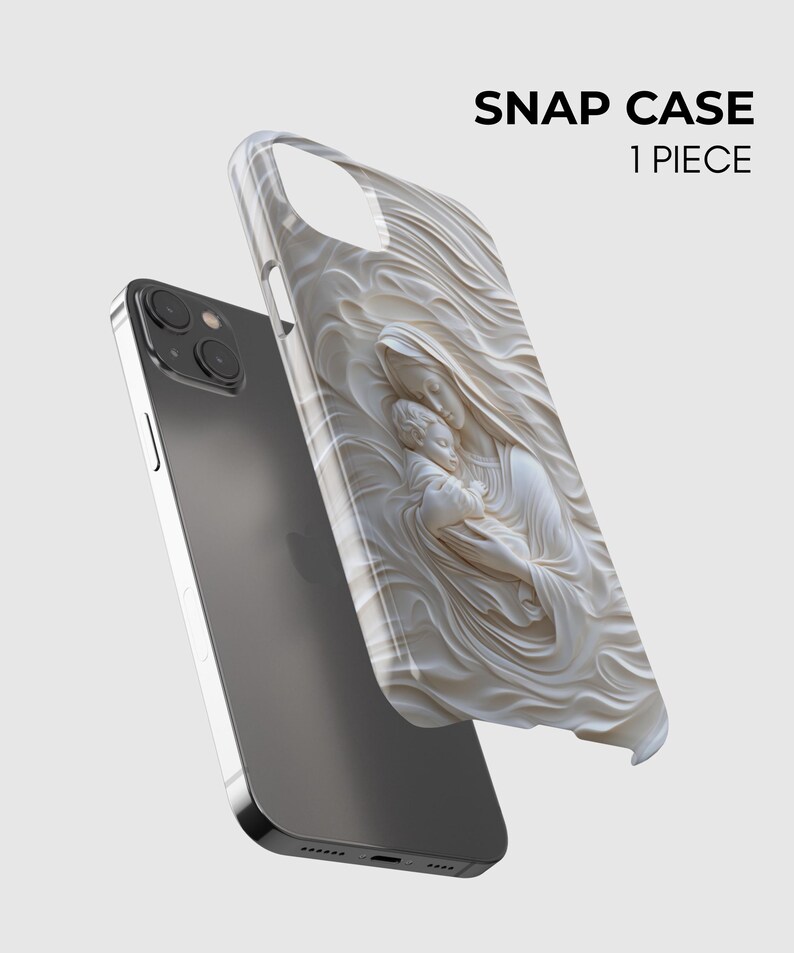 May include: A one-piece snap case for a smartphone featuring a white, three-dimensional relief design of a figure cradling a child. The text SNAP CASE 1 PIECE is printed in black in the upper right corner above the phone and the case.