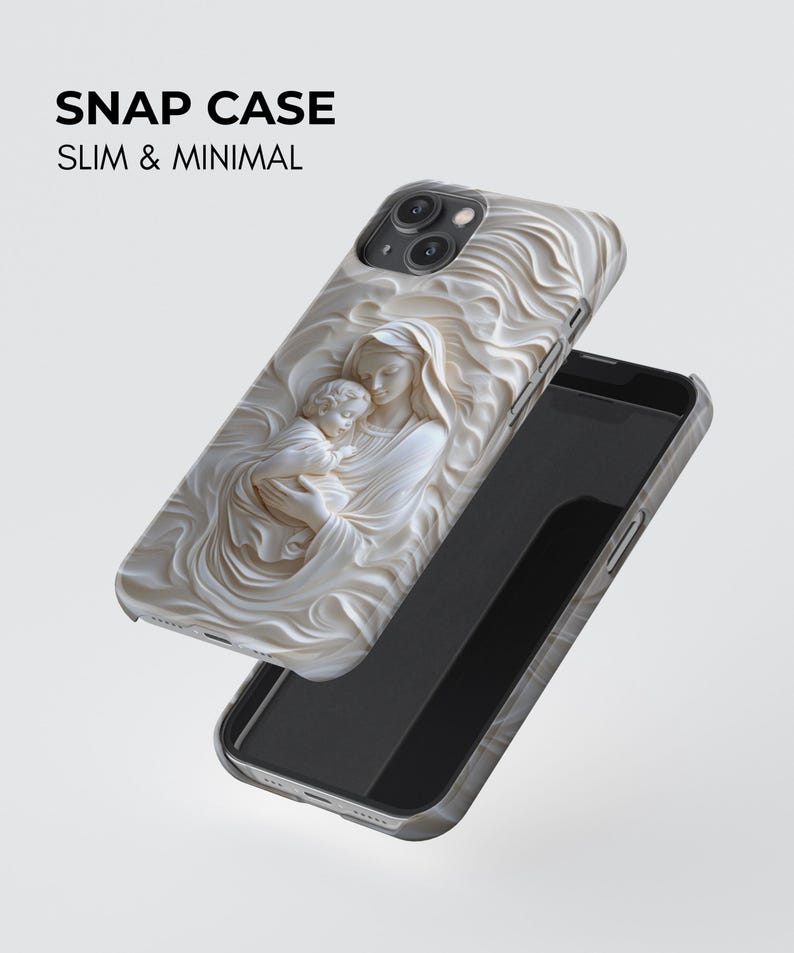A snap case with a slim and minimal design. The case features a detailed relief sculpture of a mother and child.