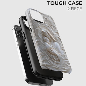 May include: A two-piece tough phone case featuring a white, three-dimensional relief sculpture of a mother holding a child on the back panel. The case consists of a black inner layer and a decorative outer shell with the text TOUGH CASE 2 PIECE.