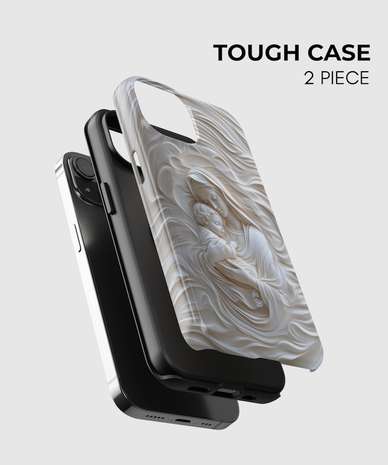 May include: A two-piece tough phone case featuring a white, three-dimensional relief sculpture of a mother holding a child on the back panel. The case consists of a black inner layer and a decorative outer shell with the text TOUGH CASE 2 PIECE.