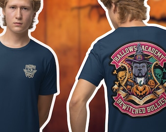Magical Wizardly Pitbull Halloween Shirt - 'When Pitbulls Fly' Front Pocket Logo & Hallows Academy Crest on Back with Bewitched Bullies