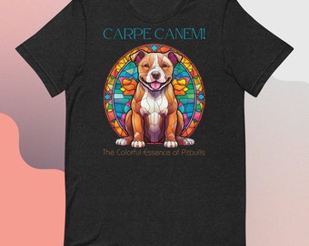 Regalo de una vibrante camiseta de Pitbull con vidrieras: Carpe Canem, ¡diseño artístico único para los amantes de los perros!