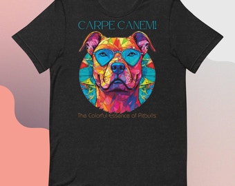 Regalo de una vibrante camiseta de Pitbull con vidrieras: Carpe Canem, ¡diseño artístico único para los amantes de los perros!