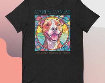 Regalo de una vibrante camiseta de Pitbull con vidrieras: Carpe Canem, ¡diseño artístico único para los amantes de los perros!