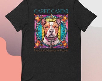Regalo de una vibrante camiseta de Pitbull con vidrieras: Carpe Canem, ¡diseño artístico único para los amantes de los perros!