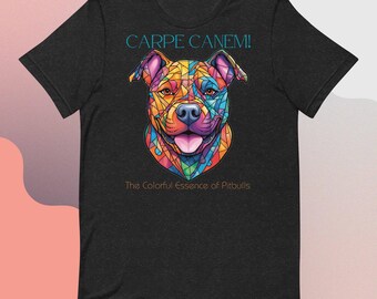 Regalo de una vibrante camiseta de Pitbull con vidrieras: Carpe Canem, ¡diseño artístico único para los amantes de los perros!