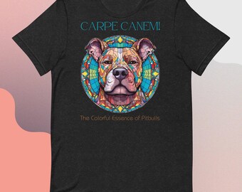 Regalo de una vibrante camiseta de Pitbull con vidrieras: Carpe Canem, ¡diseño artístico único para los amantes de los perros!