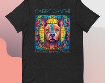 Regalo de una vibrante camiseta de Pitbull con vidrieras: Carpe Canem, ¡diseño artístico único para los amantes de los perros!