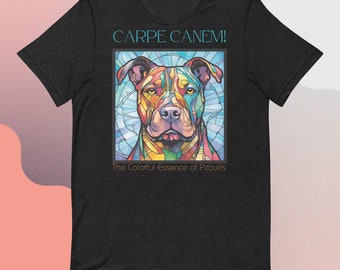 Regalo de una vibrante camiseta de Pitbull con vidrieras: Carpe Canem, ¡diseño artístico único para los amantes de los perros!