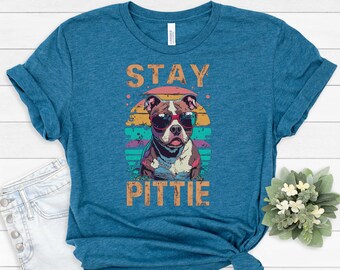 ¡Quédate Pittie! Camiseta vintage de Pitbull: regalo retro para amantes de los perros con atardecer y dibujos animados