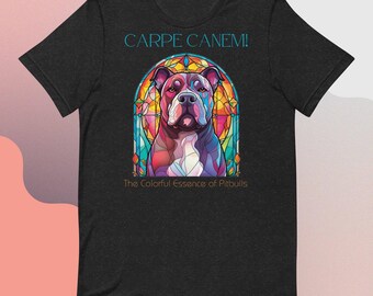 Regalo de una vibrante camiseta de Pitbull con vidrieras: Carpe Canem, ¡diseño artístico único para los amantes de los perros!