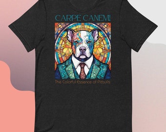 Regalo de una vibrante camiseta de Pitbull con vidrieras: Carpe Canem, ¡diseño artístico único para los amantes de los perros!