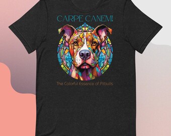 Regalo de una vibrante camiseta de Pitbull con vidrieras: Carpe Canem, ¡diseño artístico único para los amantes de los perros!