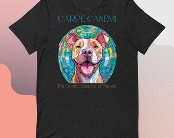 Regalo de una vibrante camiseta de Pitbull con vidrieras: Carpe Canem, ¡diseño artístico único para los amantes de los perros!