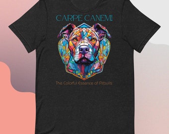 Regalo de una vibrante camiseta de Pitbull con vidrieras: Carpe Canem, ¡diseño artístico único para los amantes de los perros!