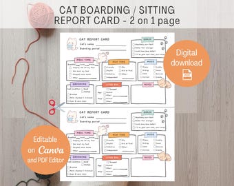 Cat Boarding Report Card, Pet Sitter Form, Cat Sitting Printable, Cat Daycare Report Card, 2 on 1 Page Editable PDF Template