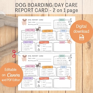 Puede incluir: Una tarjeta de informe para perros imprimible con secciones para la hora de la comida, el tiempo de juego y el estado de ánimo. La tarjeta está diseñada para residencias caninas o guarderías. El texto incluye "Nombre del perro" y "Periodo de embarque".