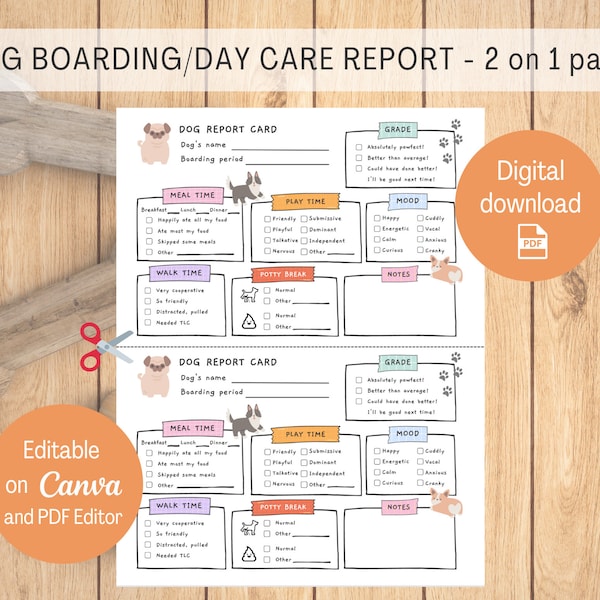 Dog Boarding Report Card, Dog Daycare Report Card, Pet Sitter Card, US Letter Size , Printable, Template, Editable 2 cards on 1 page