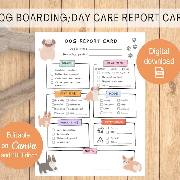 Dog Boarding Report Card, Dog Daycare Report Card, Pet Sitter Card, US Letter Size Printable, Template, Editable