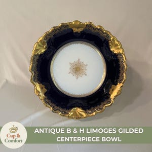 Antique Limoges Centerpiece Bowl: Cobalt Blue, Gilded Starburst, B & H France, Holiday Table Setting