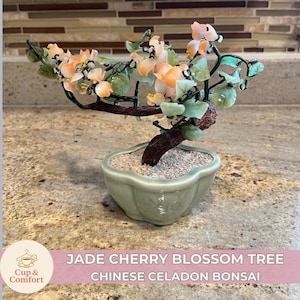 Vintage Chinese Celadon Jade Bonsai| Glass Quartz| Cherry Blossom Tree| Bonsai Tree| 1950&#39;&#39;s| MCM