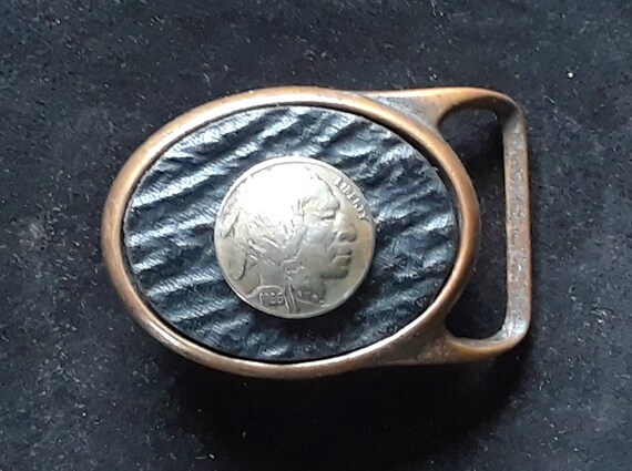 Tech-ether shark inlay domed Indian coin brass bu… - image 3