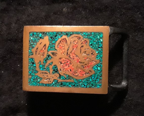 Tech Ether Guild Rays Vintage Brass Belt Buckle with Turquoise and Coral Inlay TECH EHTER GUILD RAYS TURQUOISE CORAL INLAY BRASS HIPPIE  main image 2
