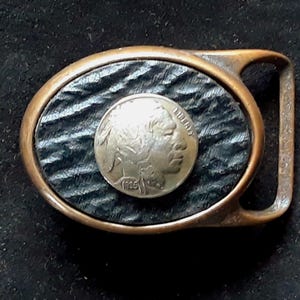 Tech-ether shark inlay domed Indian coin brass buckle