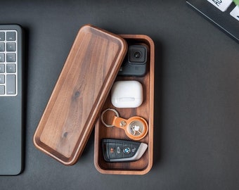Walnut Wooden Desk Organizer Box with Lid