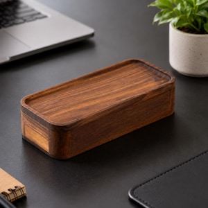 Walnut Wooden Box with Lid: Desk Organizer