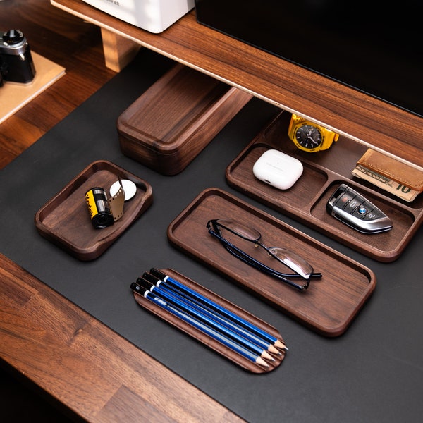 Premium Gift Solid Wood Desk Organizers , Wood Desk Tray , Natural Walnut Wood -  Wooden Desk Accessory Kit