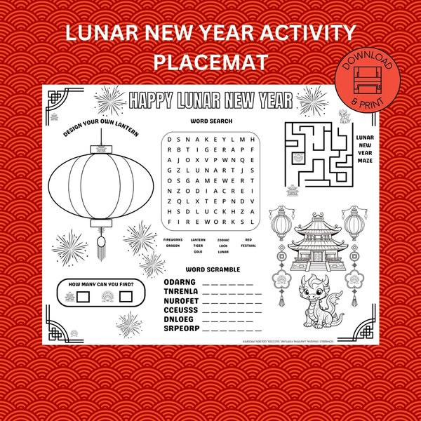 Lunar New Year Activity Coloring Page, Printable Placemat, Year of the Dragon, Fun Kid Games, Celebrate Chinese New Year, Word Search, Maze