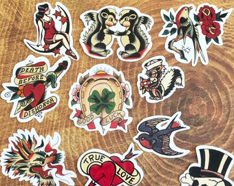 Pack of 12 Vintage Tattoo Stickers, Waterproof Vinyl, Water Bottle Journal Planner Laptop Stickers, Retro Flash Tattoo Sticker Pack