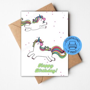 Cartão de aniversário divertido de unicórnio, presente para ela, presente para ele, unicórnios arco-íris, feliz aniversário, impressão em casa, unicórnios felizes fofos, 5x7