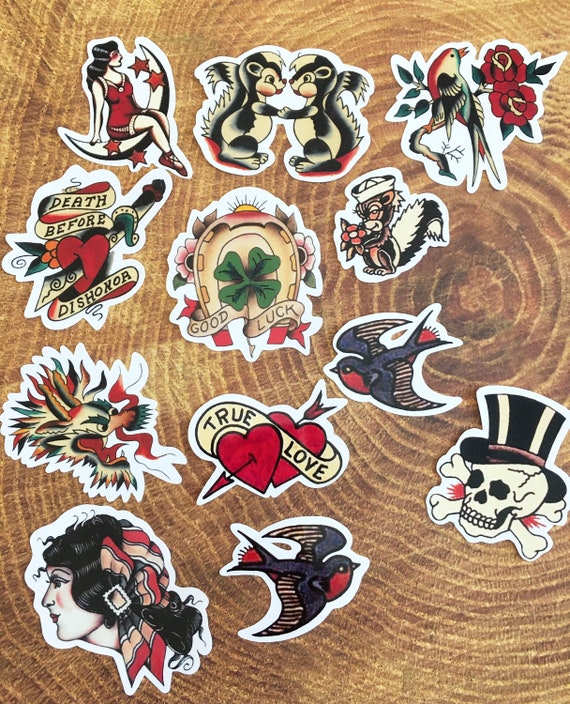 Pack of 12 Vintage Tattoo Stickers, Waterproof Vinyl, Water Bottle Journal Planner Laptop Stickers, Retro Flash Tattoo Sticker Pack