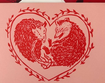 Handmade Possum Love Card, Linocut Valentine, Original Artwork, Awesome Possum