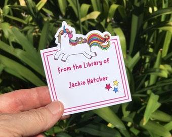 Children's Bookplate Stickers, Personalized Book Labels, Gift For Kids & Adults, Book Lover Gift, Rainbow Unicorn, Custom Name Plate,Library